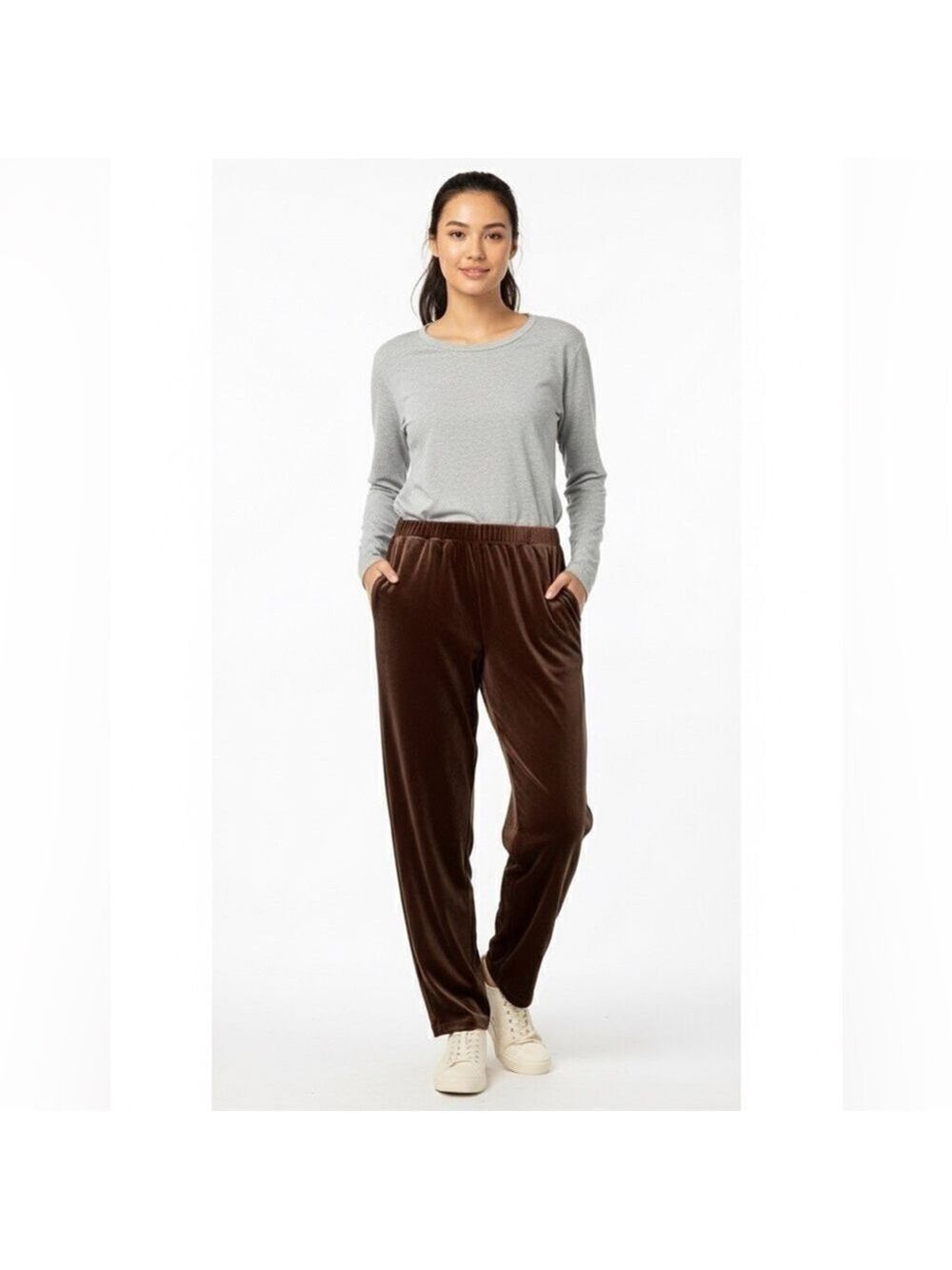 UNBRANDED Brown Velvet / Velour Pants Stretch Waist Side Pockets US Sz M
